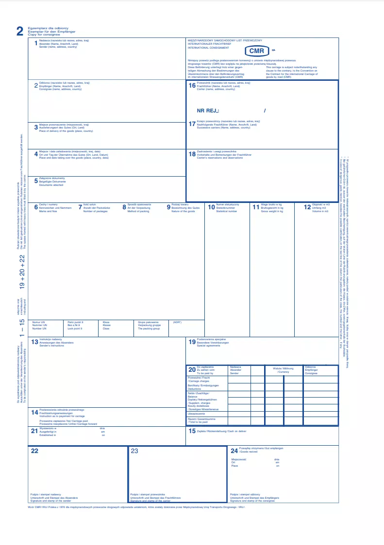 Wzór formularza CMR Egzemplarz dla odbiorcy